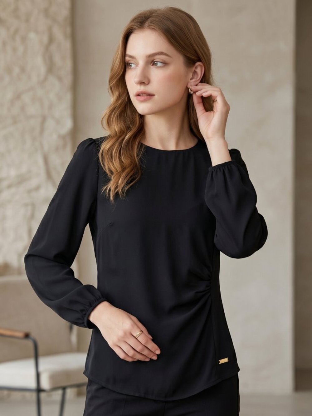 NWT | Armani Exchange Black Side-Ruched Long Sleeve Puff Shoulder Blouse | Small